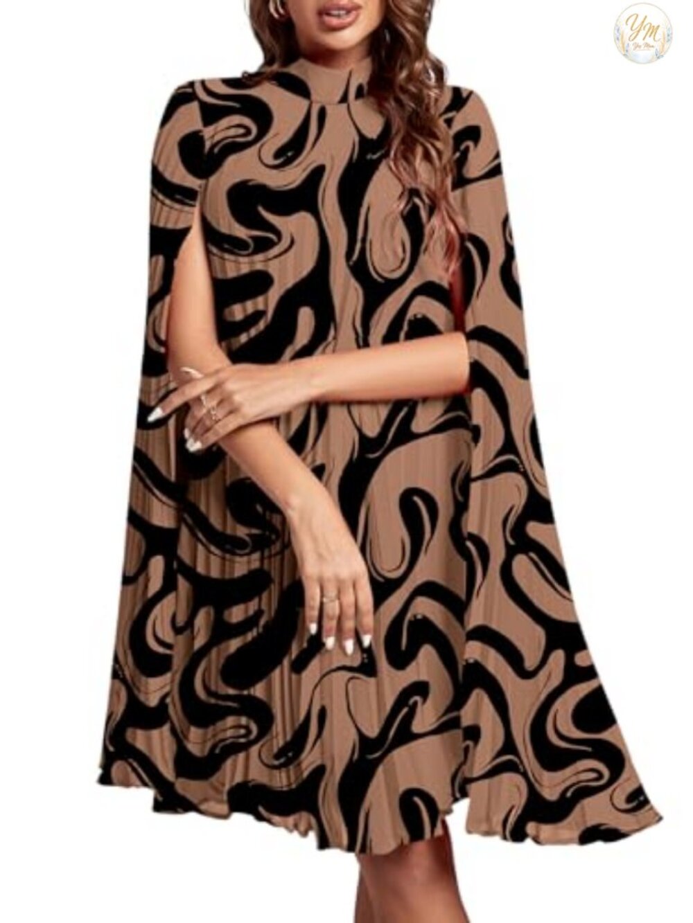 Women's Mock Neck Pleated Midi Dress Long Sleeve Keyhole Back Flowy 100%